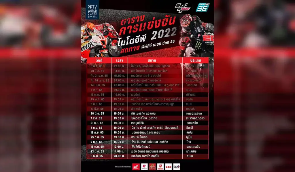 ตาราง MotoGP 2022 ! โปรแกรมถ่ายทอดสด โมโตจีพี 2022 พร้อมเวลาแข่งขันทั้งหมด
