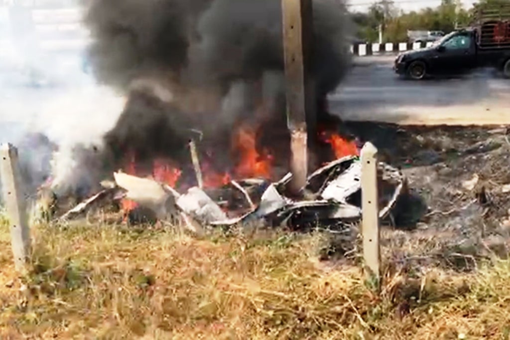 Woman in Honda Sedan Dies in Fiery Car Crash in Central Thailand