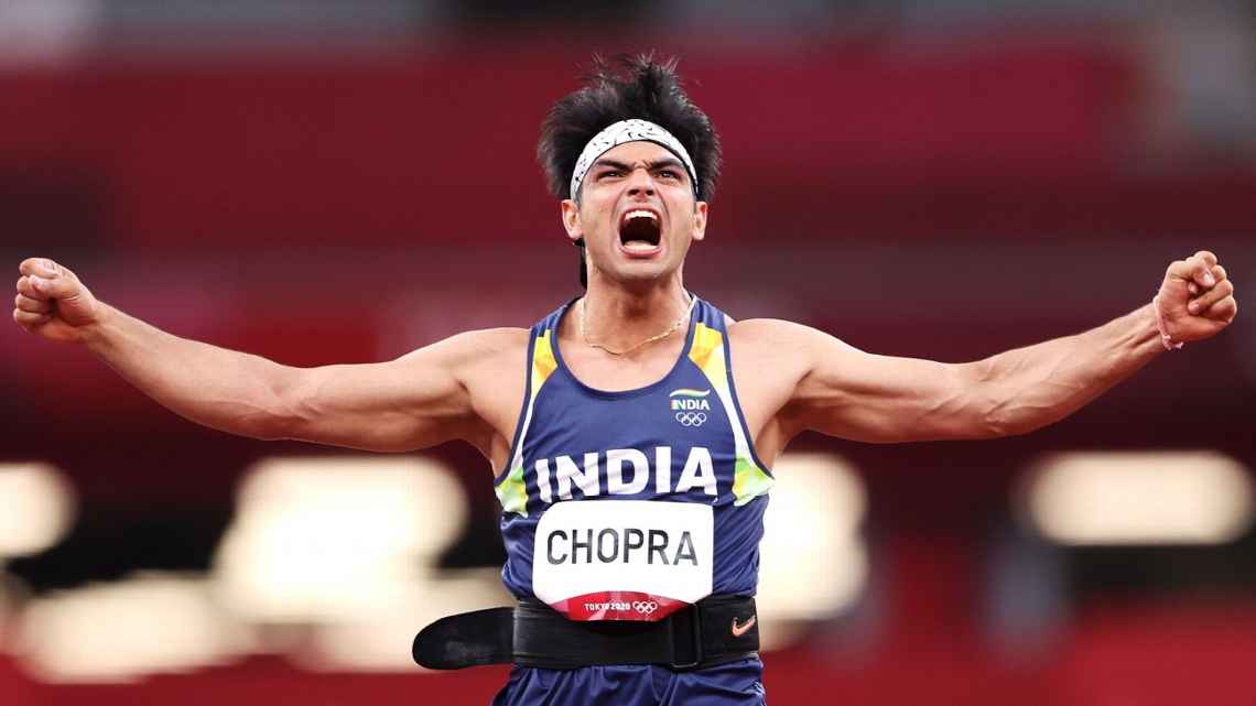 Neeraj Chopra reacts after a throw in the javelin throw final.