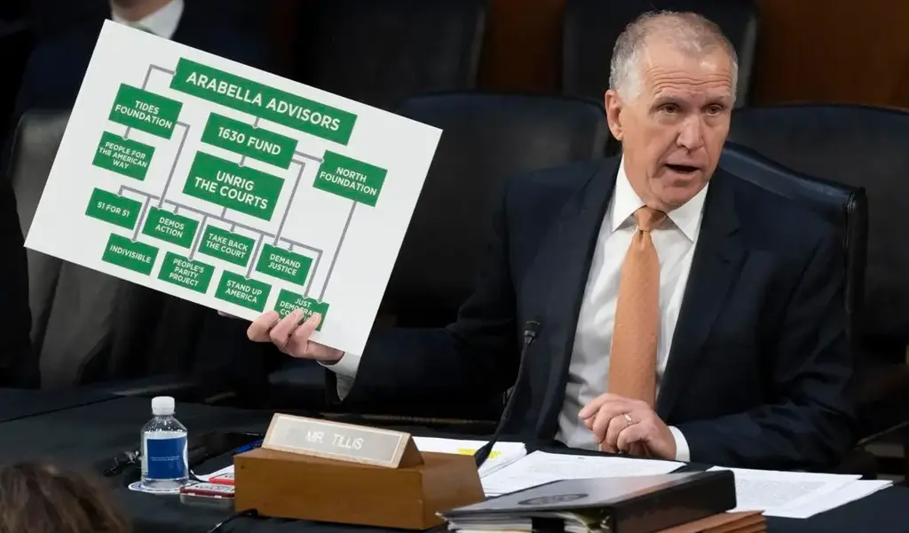 Sen. Thom Tillis, R-N.C., holds a visual aid as he questions Supreme Court nominee Ketanji Brown Jackson during her Senate Judiciary Committee confirmation hearing on Capitol Hill in Washington, Wednesday, March 23, 2022. Alex Brandon - staff, AP