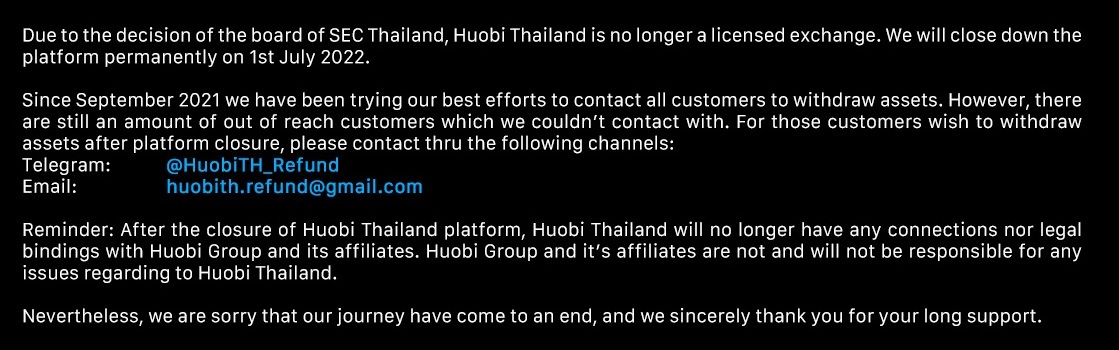 Huobi Thailand Announcement