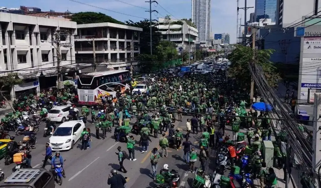 A Protest by Dozens of Grab Delivery Drivers in Bangkok to Demand Better Treatment