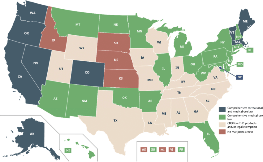 Map presenting legal status of recreational and medical cannabis within the US states and