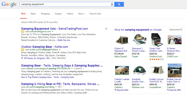 pay per click advertising camping equipment example 1