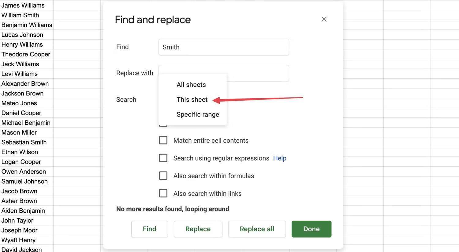 Search in Google Sheets using Find and replace function 6