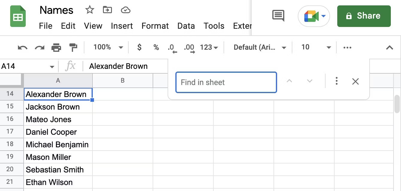 Search in Google Sheets using the find feature 1