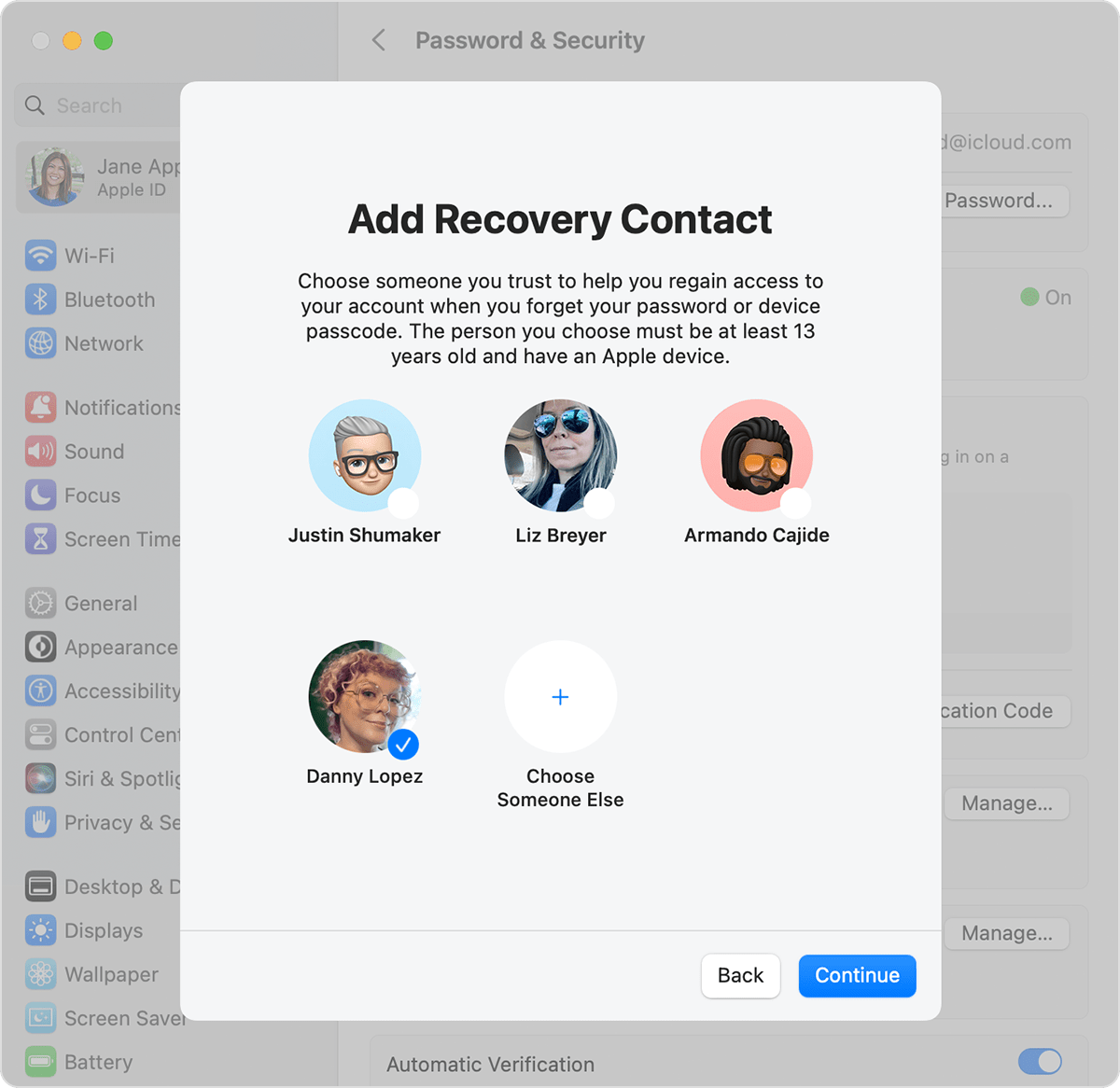 macos ventura system settings apple id password security account recovery add recovery contact