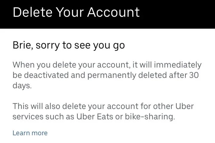 uber app delete account
