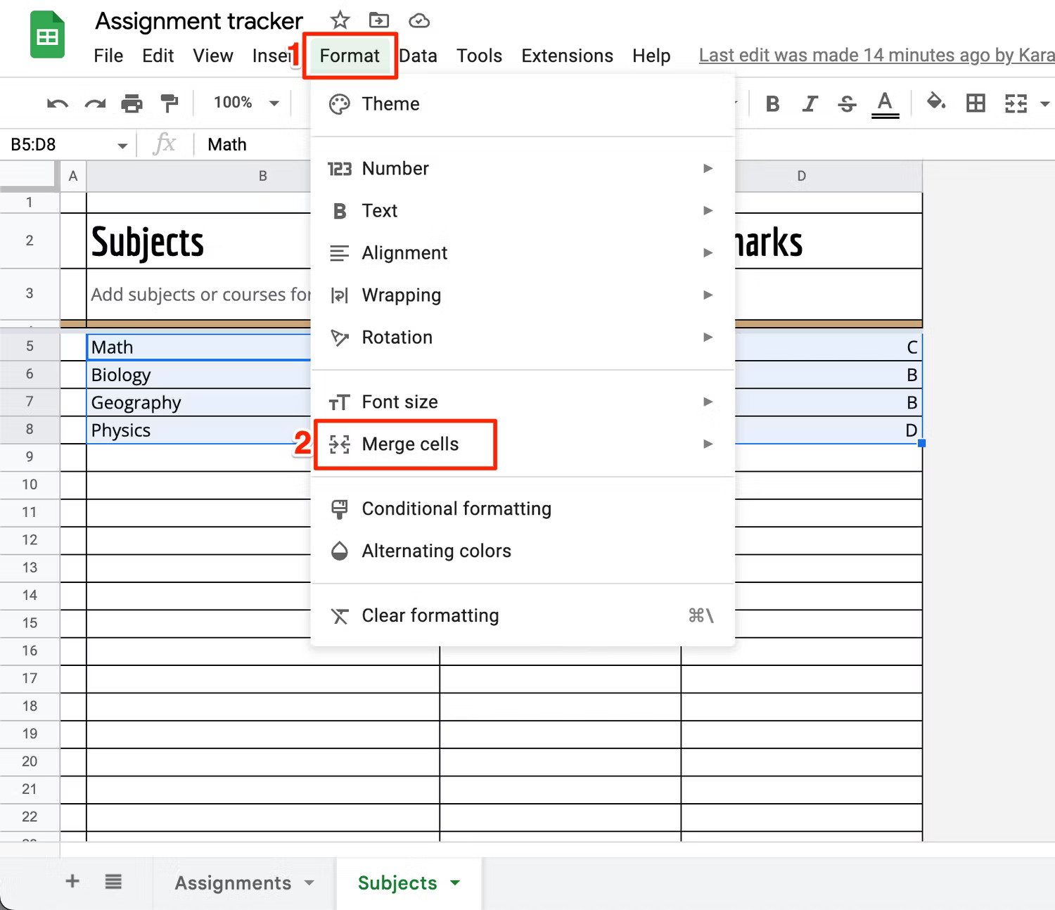 Google Sheets merge cells screenshots 2