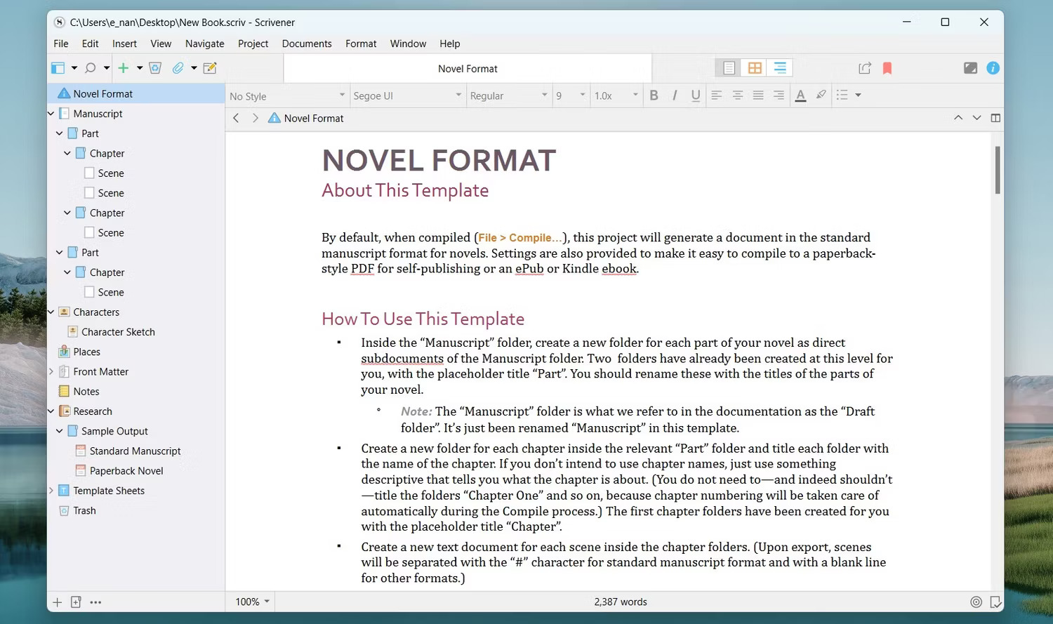 novel template on scrivener writing software