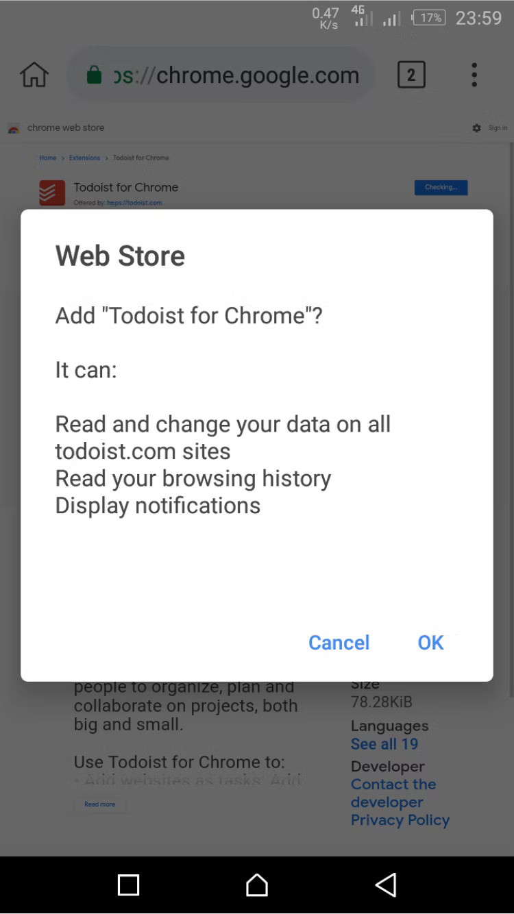 tap ok to add todoist for chrome