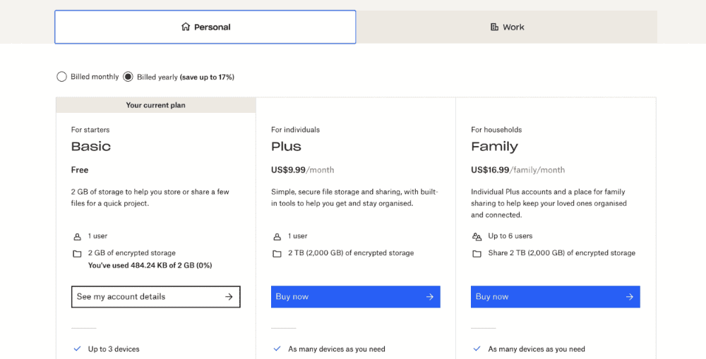 Dropbox pricing