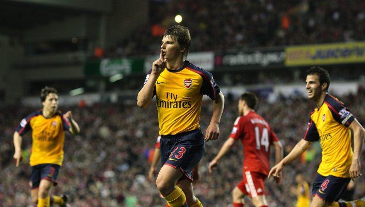 Andrey Arshavin celebrates scoring during the Premier League match between Liverpool and Arsenal at Anfield, Liverpool, April 2009.