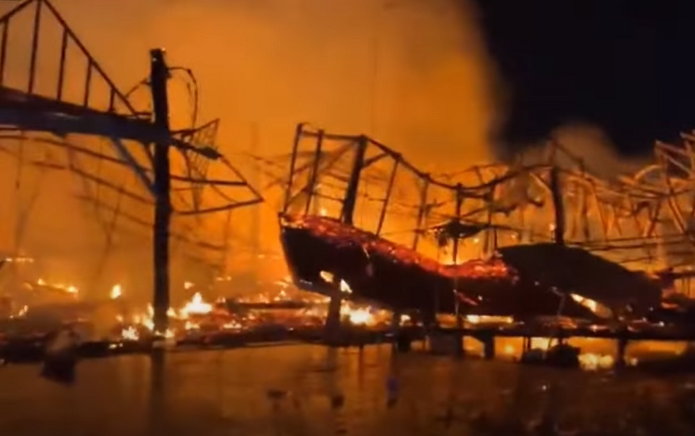 Fire Destroys Sections of the Floating Market in Pattaya Thailand