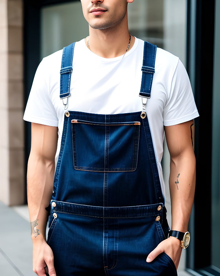 A person in a white shirt and blue overalls Description automatically generated
