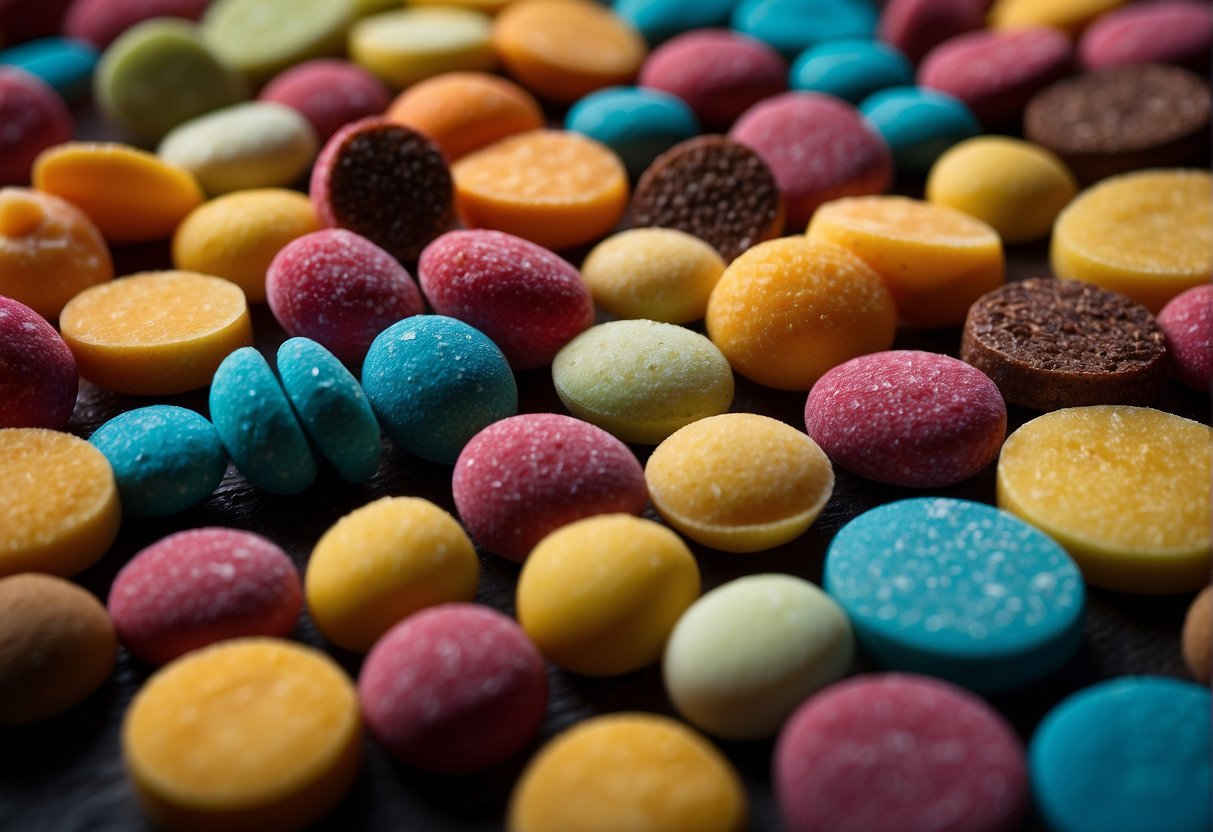 A colorful assortment of freeze-dried candies, showcasing their vibrant colors and crunchy texture. A label nearby lists the benefits of extended shelf life and intense flavor, while also noting the drawback of potential loss of original texture