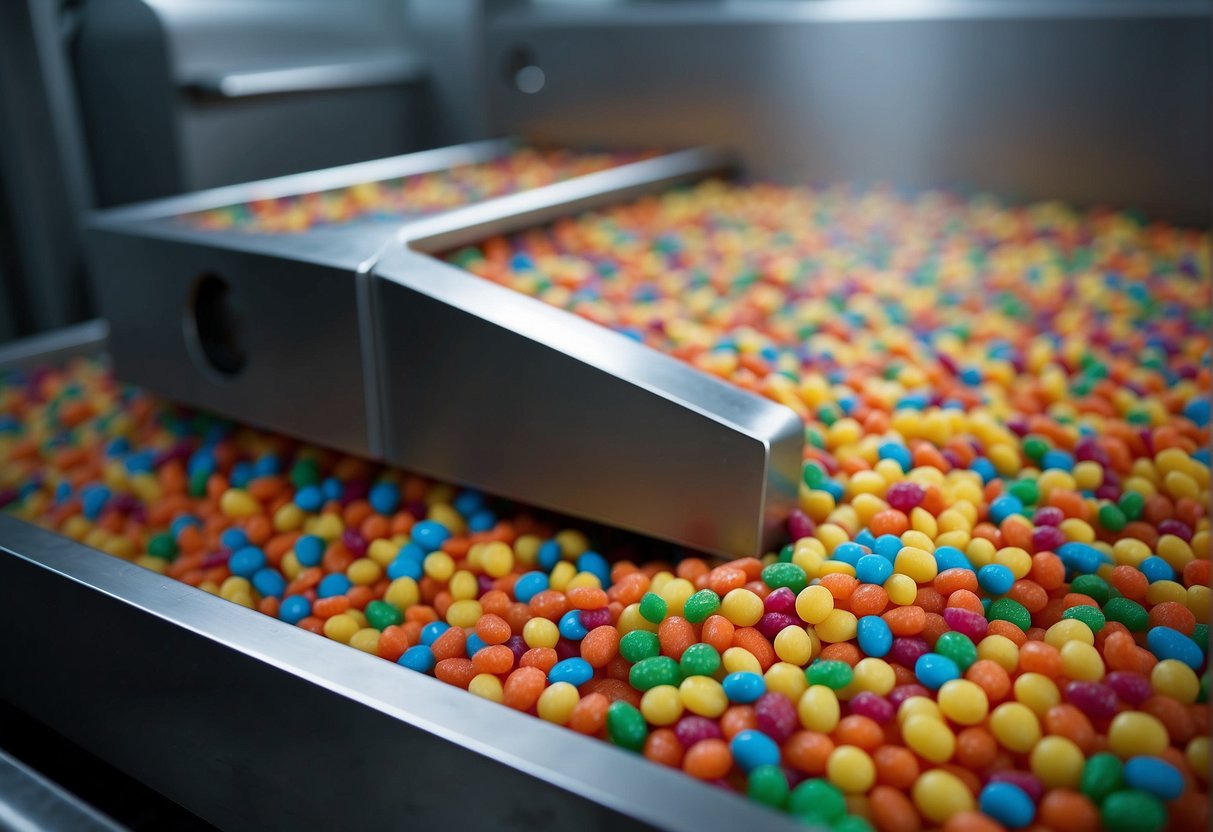 A conveyor belt moves colorful candy pieces into a large machine labeled "freeze dryer." Steam rises as the candy is transformed into light, crispy treats