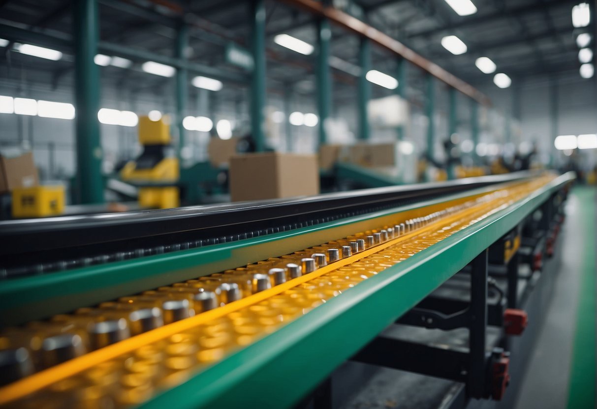 A conveyor belt moves recyclable materials through a modern eco-friendly packaging and distribution facility, with efficient machinery and sustainable practices in place