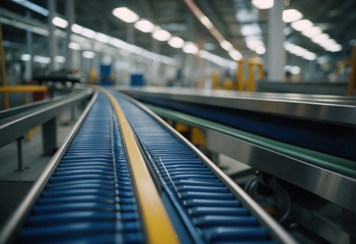 A conveyor belt moves recyclable materials through a state-of-the-art manufacturing facility, where energy-efficient machines transform them into eco-friendly products