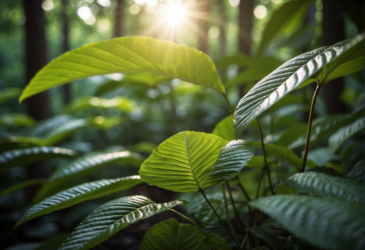 A lush forest with various plants and trees, including the kratom plant. Sunlight filters through the leaves, creating a serene and peaceful atmosphere