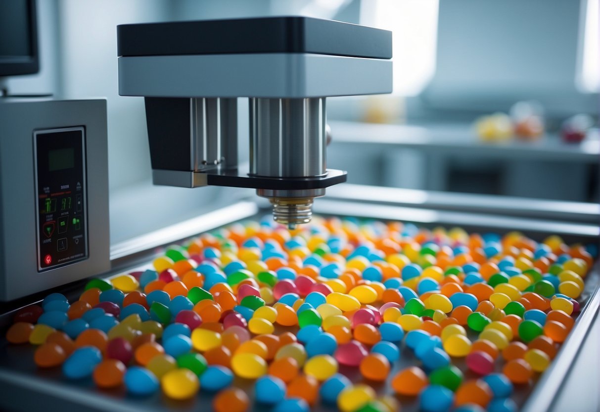 A machine freeze dries colorful candies in a sterile laboratory setting, surrounded by high-tech equipment and technology