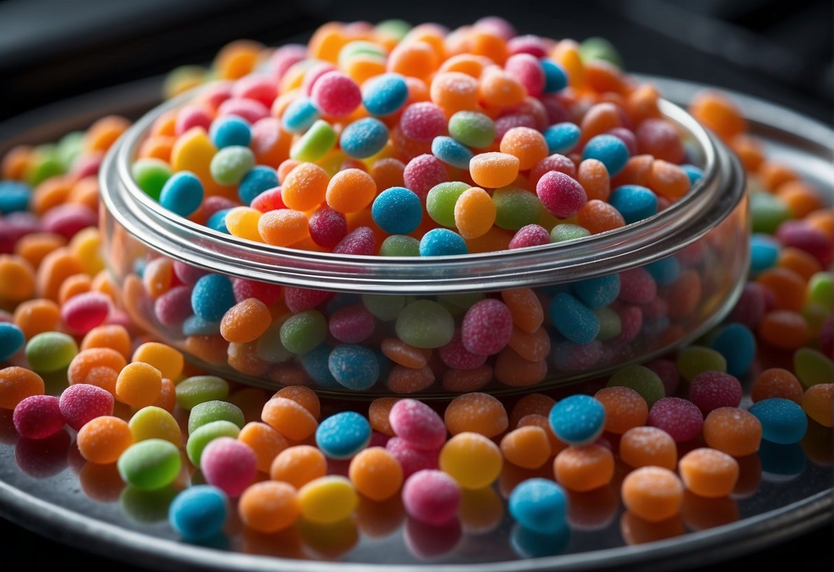 A pile of colorful candy sits on a tray next to a machine labeled "freeze dryer." Ice crystals form on the surface of the candy as it undergoes the freeze-drying process