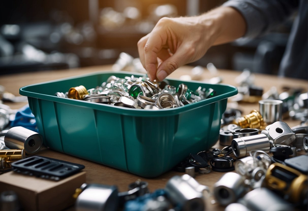 A product being disassembled and recycled, with components being sorted into different bins for proper disposal or repurposing