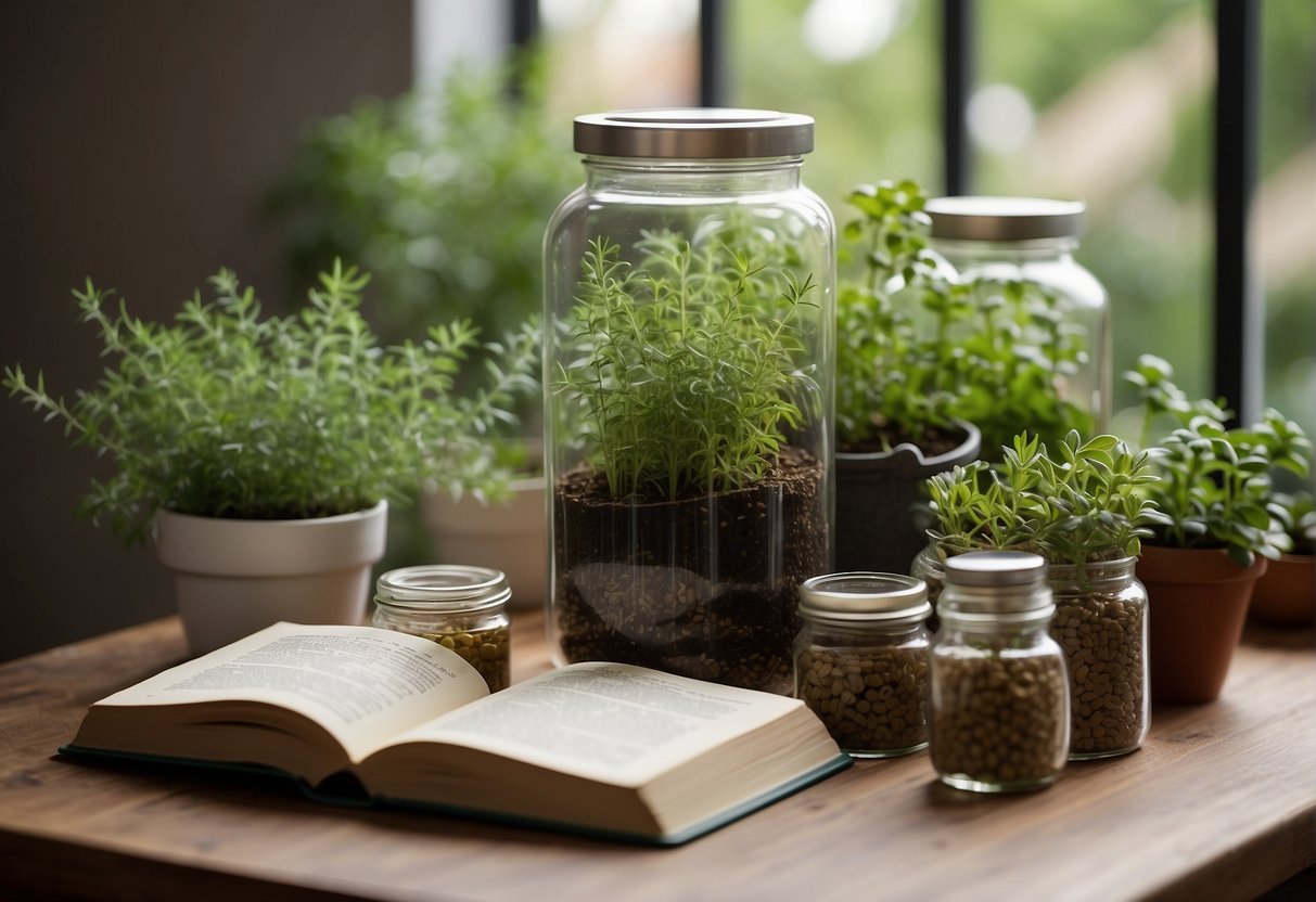A serene garden with various herbs and plants growing. A book titled "Herbal Horizons" sits open on a wooden table, surrounded by jars of herbal supplements