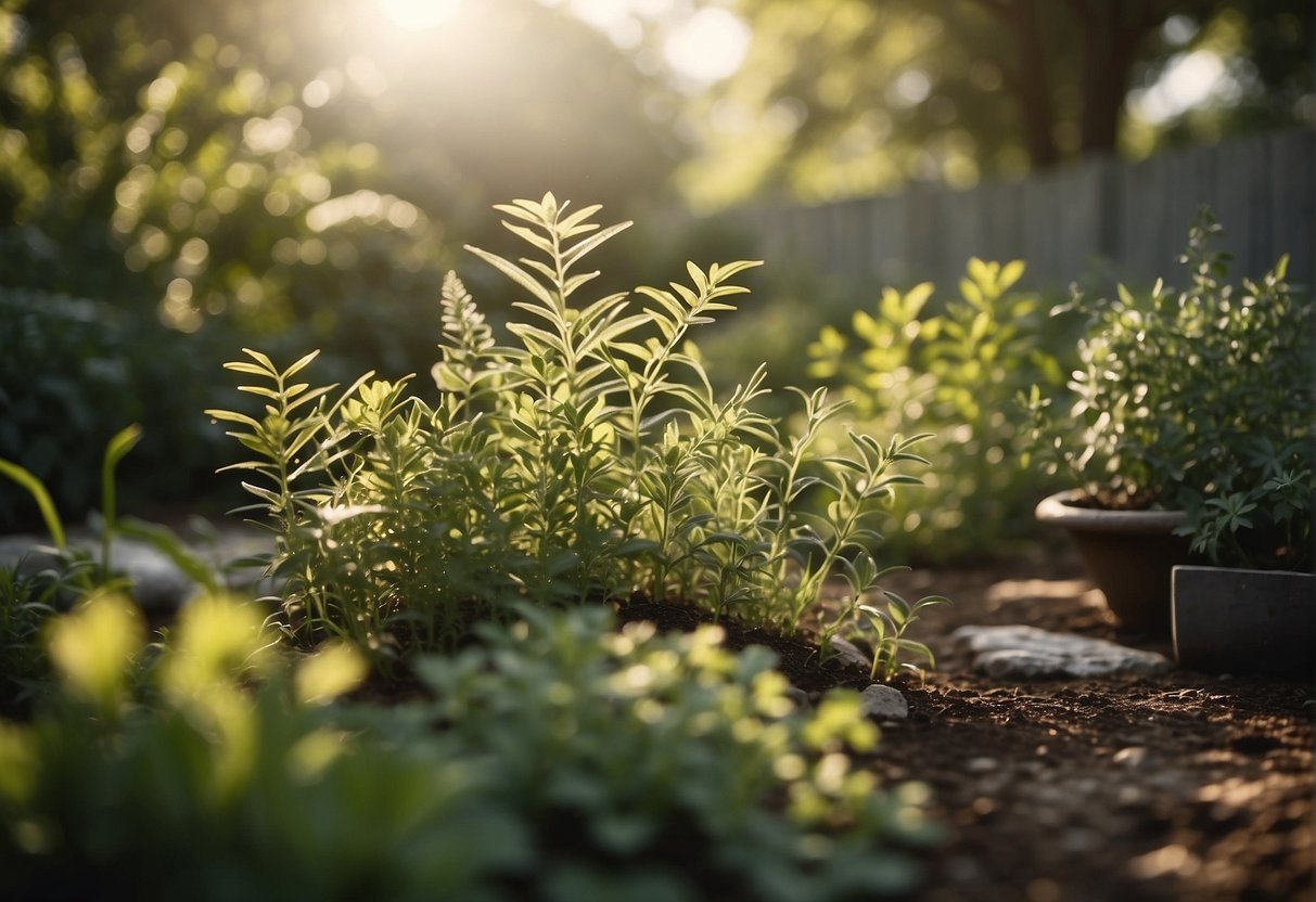 A serene garden with various herbs and plants, labeled with their medicinal uses. Sunlight filters through the leaves, casting dappled shadows on the ground