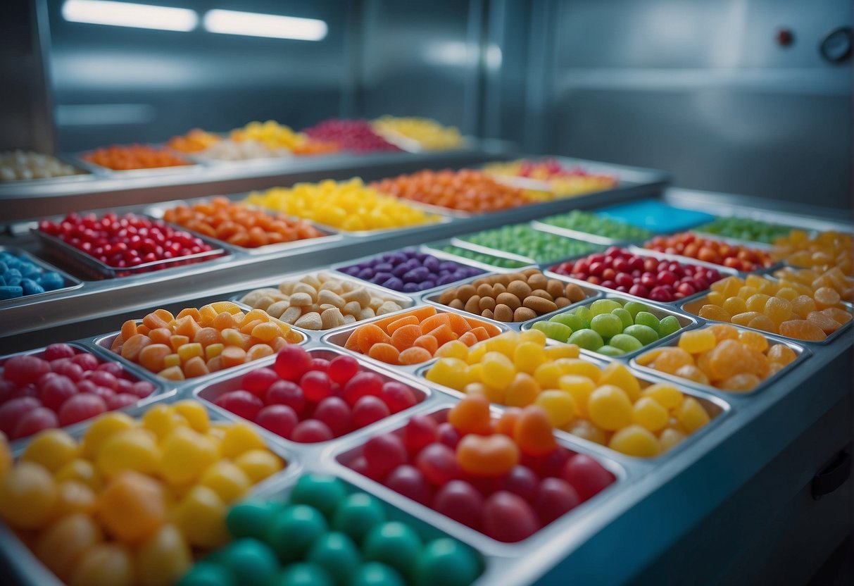 A variety of colorful candies are spread out on trays inside a freeze-drying chamber, with a vacuum pump and control panel in the background