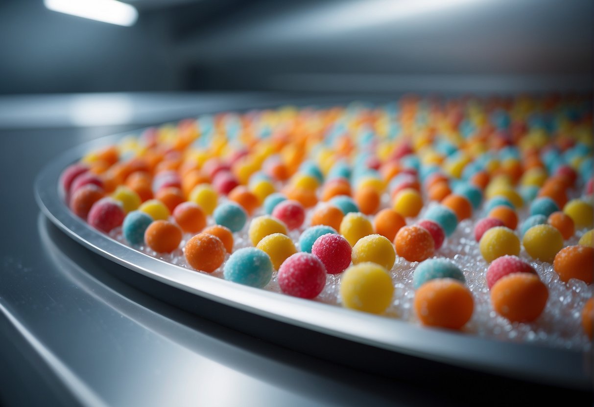 Candy pieces placed on a tray inside a freeze dryer, with the machine running and frost forming on the surface of the candy