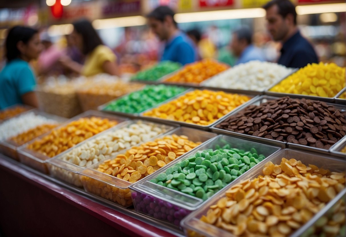 Colorful display of freeze-dried candy at a bustling market, with excited customers sampling and purchasing the unique, crunchy treats