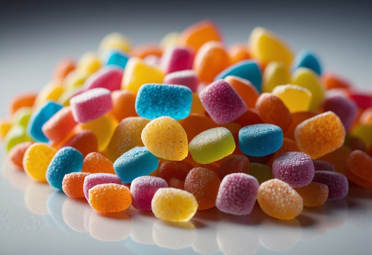 Freeze dried candy sits on a white, sterile surface. It appears light and airy, with a dry, crumbly texture. The candy's vibrant colors and irregular shapes create an intriguing visual contrast