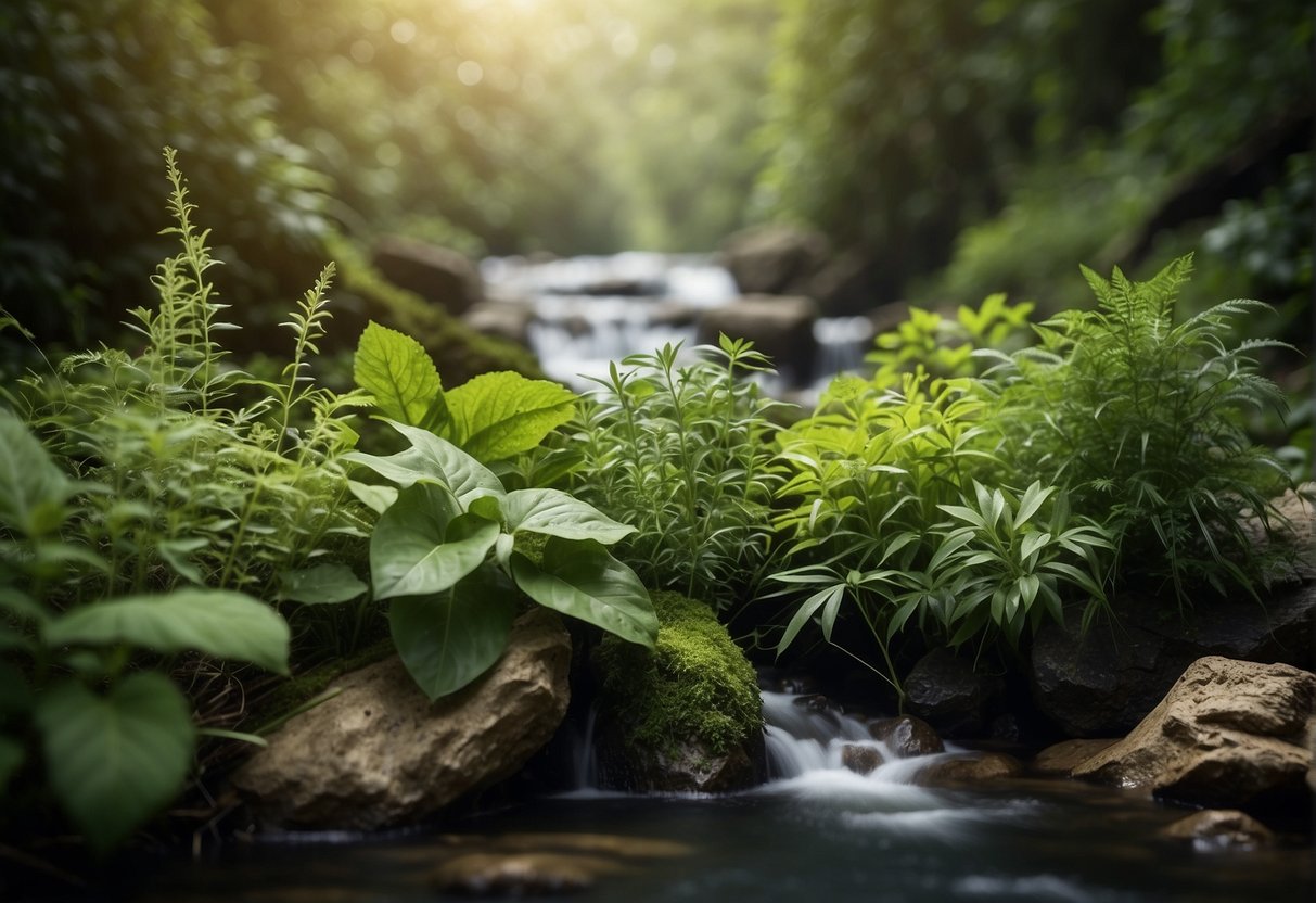 Lush green foliage surrounds a variety of herbs, each labeled with their medicinal properties. A serene stream flows in the background, adding to the natural ambiance