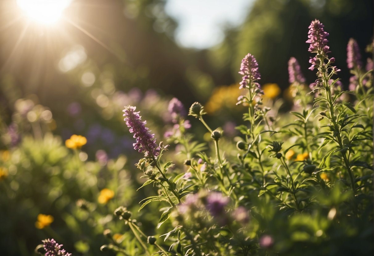 Lush green herbs and plants sprawl across a sunlit garden, intertwining with each other in a harmonious display of nature's bounty. Bees buzz around, pollinating the vibrant blossoms, while the earthy aroma of the soil fills
