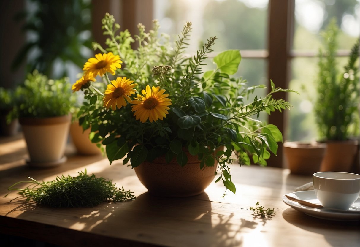 Lush greenery and vibrant flowers surround a table of various herbs and plants. Sunlight filters through the leaves, casting a warm glow on the natural ingredients