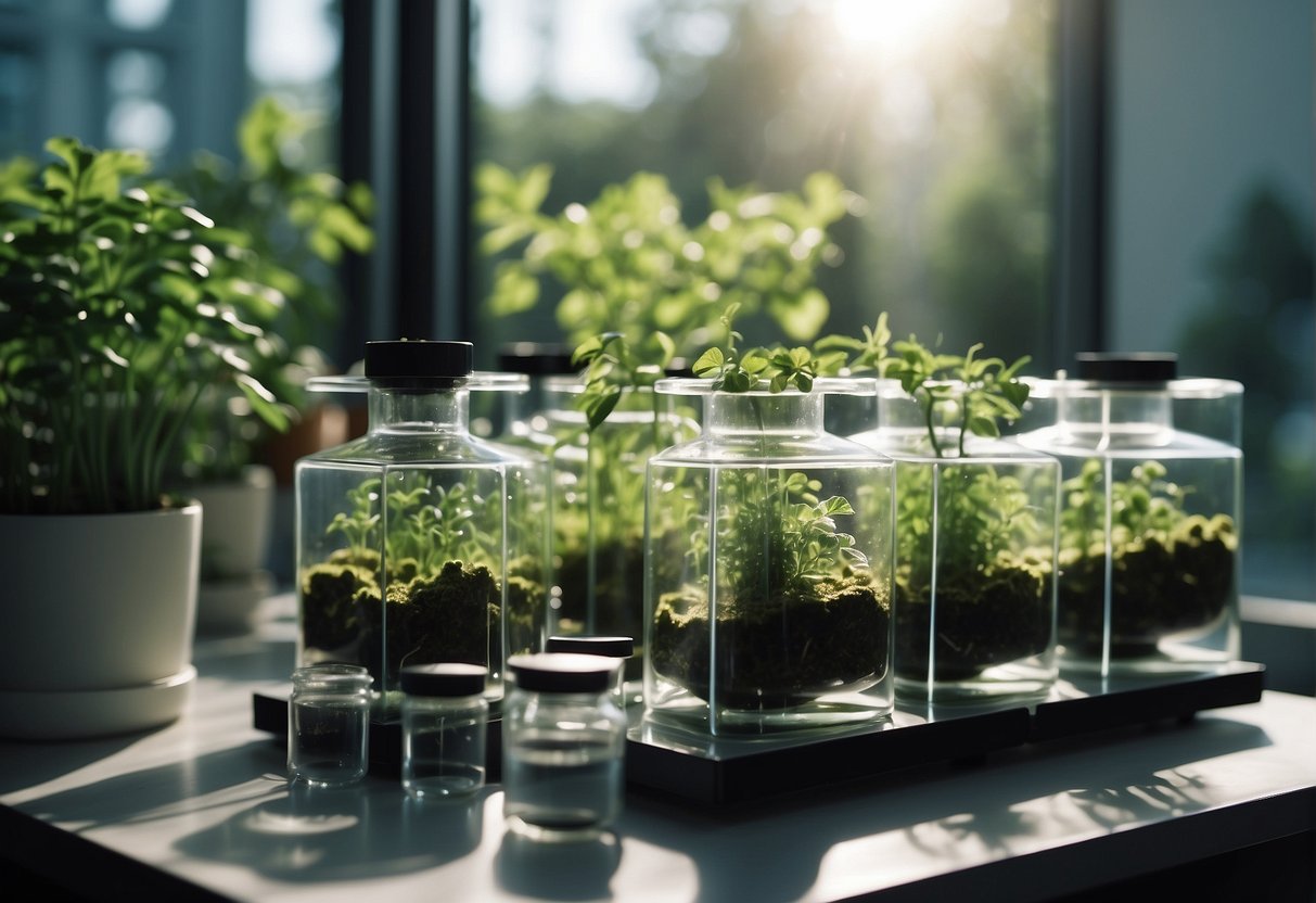 Lush greenery surrounds a modern laboratory filled with glass beakers and scientific equipment. A futuristic botanical garden sits adjacent, with diverse plants and herbs growing under artificial sunlight