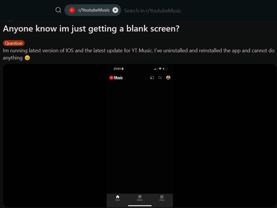 Anyone know im just getting a blank screen r YoutubeMusic