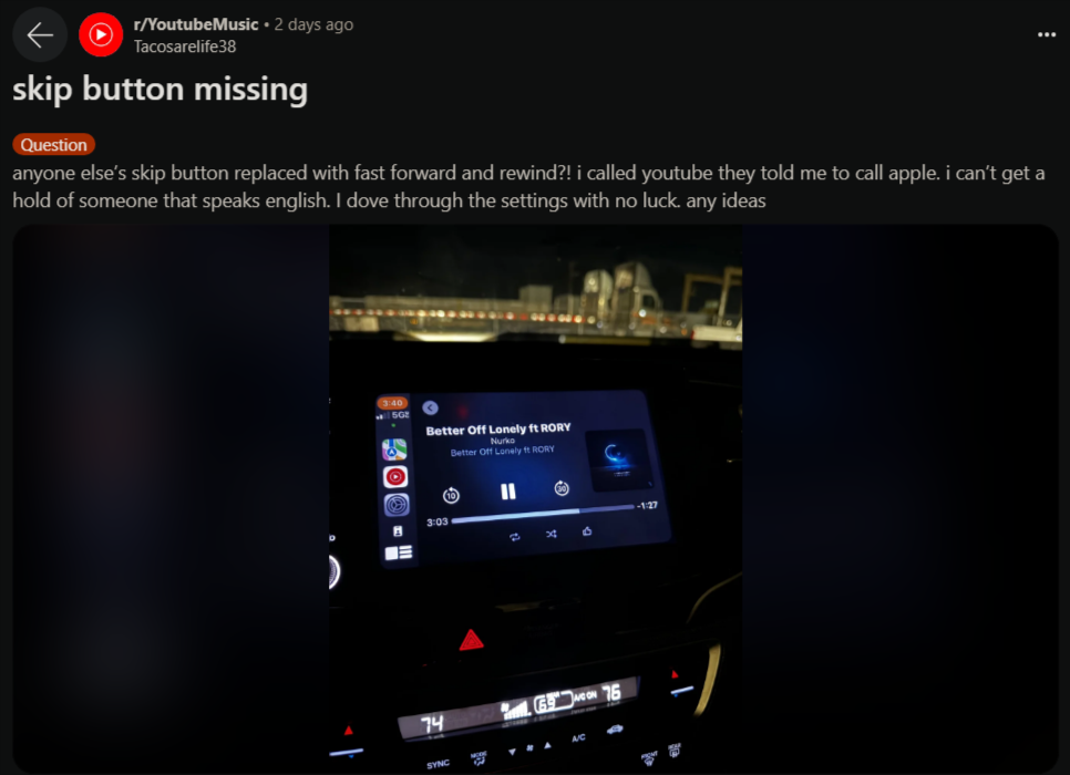 skip button missing r YoutubeMusic