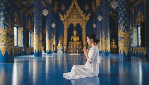 Visitor sitting respectfully inside Wat Rong Suea Ten (Blue Temple) in Chiang Rai.