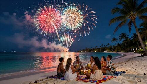 A festive Pacific island shoreline at night with fireworks reflecting on calm water, palm silhouettes, small gathering of people