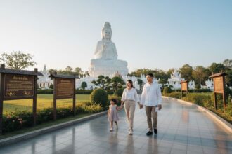 Family visiting Wat Huay Pla Kang in Chiang Rai near the Guan Yin statue.