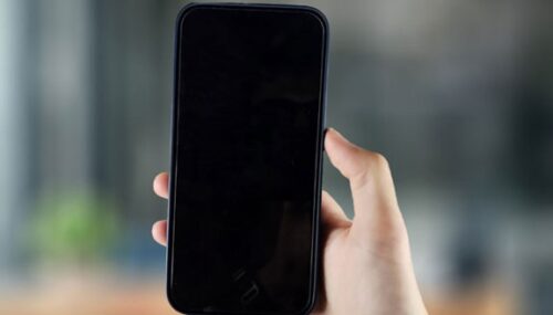 Hand holding a blank smartphone screen