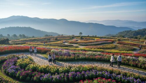 Colorful flower garden with mountains backdrop