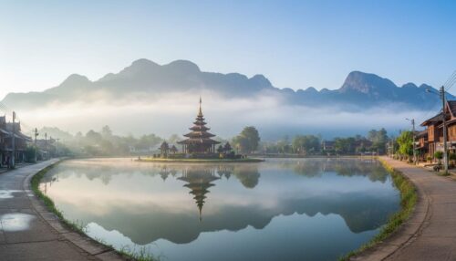 Temple reflected in misty lake