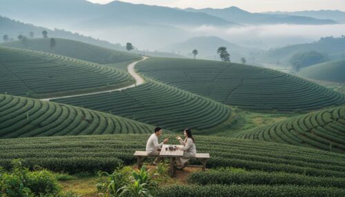 Couple enjoying tea in misty hills