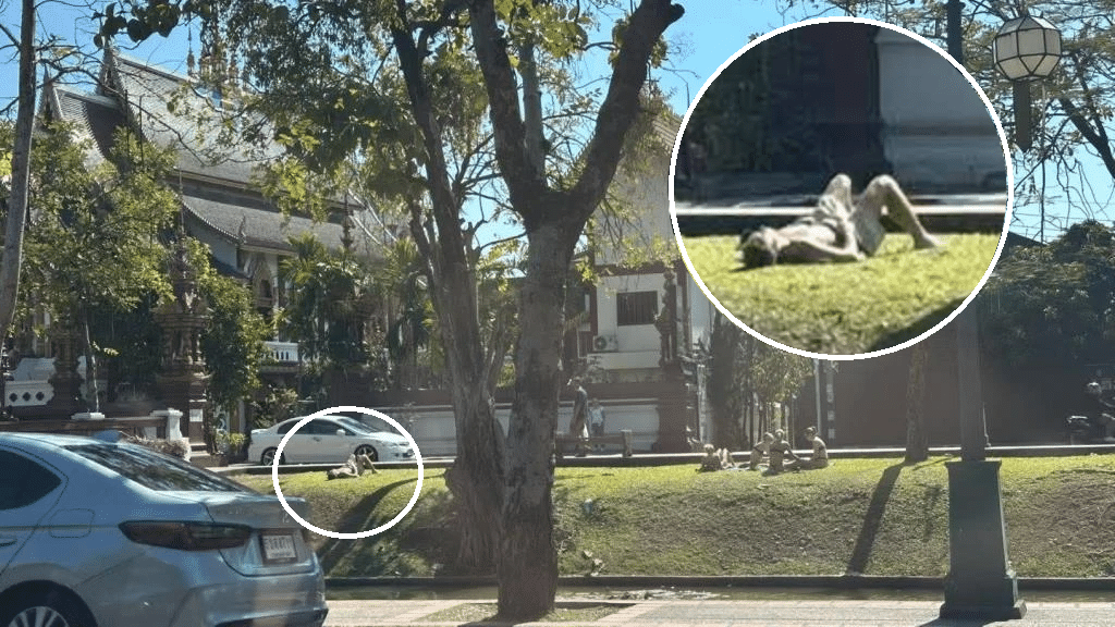 Tourist Sunbathing in Bikinis By Chiang Mai Temple