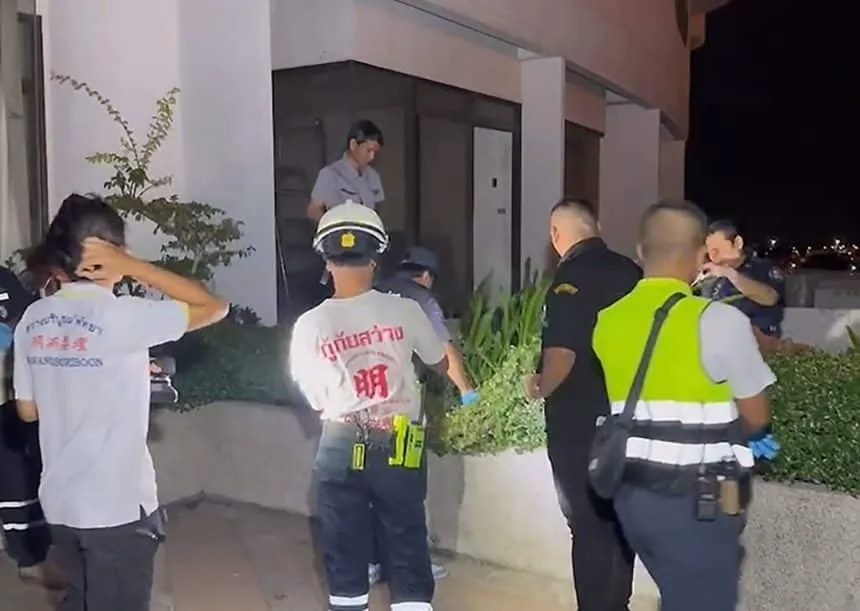 Rescuers respond to the scene of a fatal fall at a Pattaya hotel on Saturday.