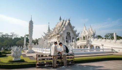 Tourists removing shoes before entering Wat Rong Khun (White Temple) in Chiang Rai