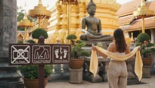 Temple courtyard etiquette signs in Chiang Rai showing no flash and dress rules